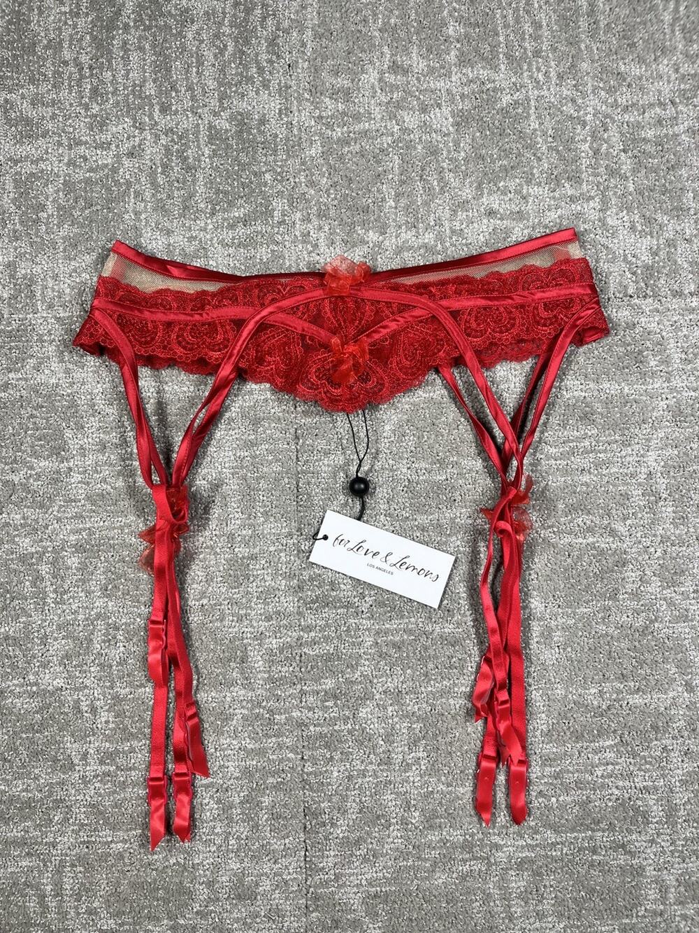 For Love & Lemons Red Lace Mesh Floral Garter Belt L Adjustable Bow Strap